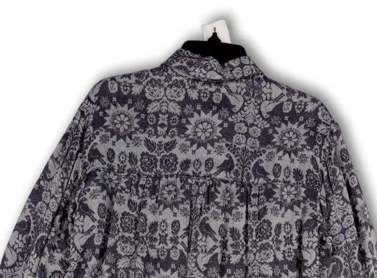 Womens Gray Blue Floral Collared Long Sleeve Pocket Button-Up Shirt Size M image number 4