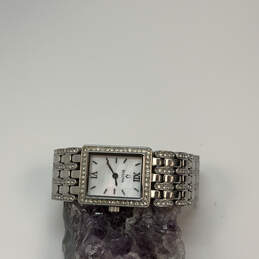 Designer Bulova Silver-Tone Rhinestone Rectangle Dial Analog Wristwatch