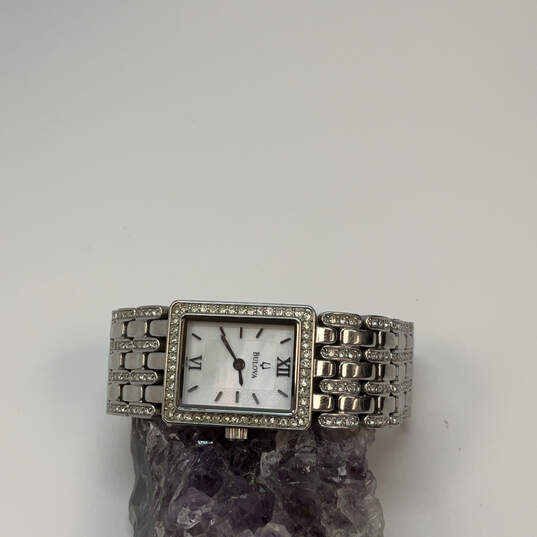 Designer Bulova Silver-Tone Rhinestone Rectangle Dial Analog Wristwatch image number 1