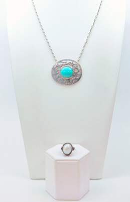 Romantic 925 Sterling Silver Faux Turquoise Pendant Necklace & Pearl Ring 23.4g