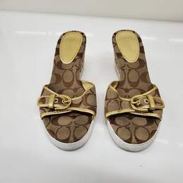 Coach Women's Perry Khaki/Gold Signature Canvas Wedge Sandals Size 8.5B