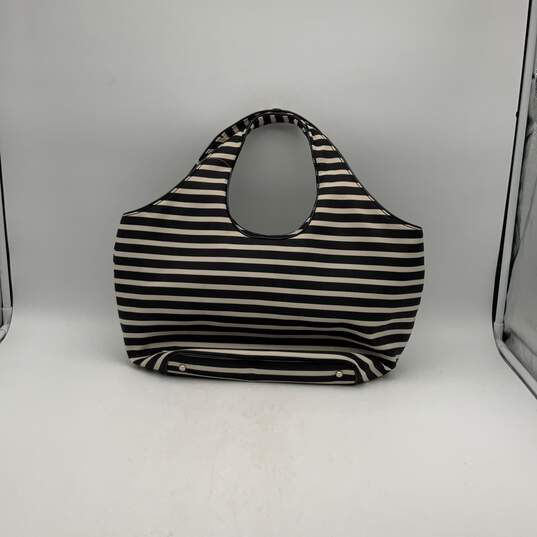 Womens Black White Striped Inner Pockets Double Handle Bow Hobo Bag image number 2