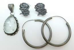 Artisan 925 Blue Glass Cabochon Granulated Teardrop Pendant & Rose Flower Screw Back & Hoop Earrings 20g