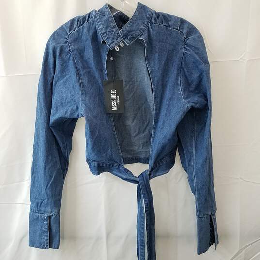 Missguided Blue Cotton Victorian Tie Back Top Denim Jacket Women's Size 4 image number 1