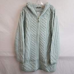 QVC seafoam green cable knit full zip merino wool hooded sweater M