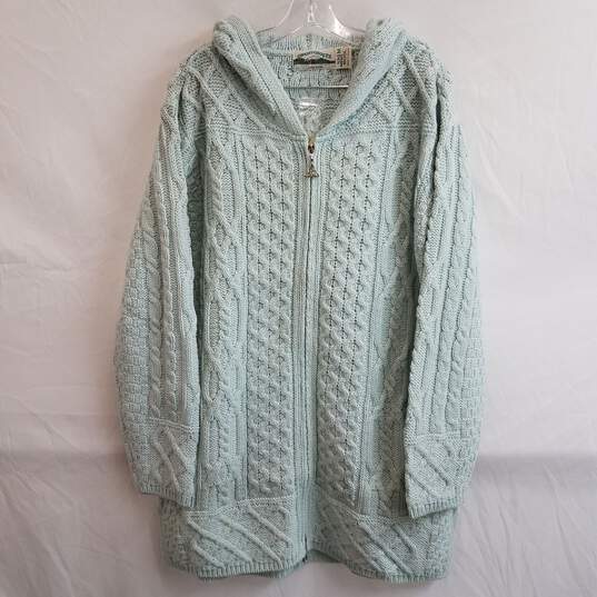 QVC seafoam green cable knit full zip merino wool hooded sweater M image number 1