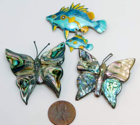 Vintage Taxco & Artisan 925 Abalone Shell Butterfly & Blue & Yellow Enamel Tropical Fish Pendant Brooches Variety 23.4g image number 6