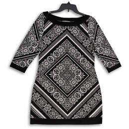 Womens Black Monochromatic Boat Neck 3/4 Sleeve Pullover Tunic Dress Size M