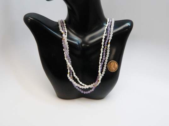 Romantic 14k Yellow Gold Clasp Pearl Amethyst & Rose Quartz Three Strand Beaded Necklace 27.9g image number 4