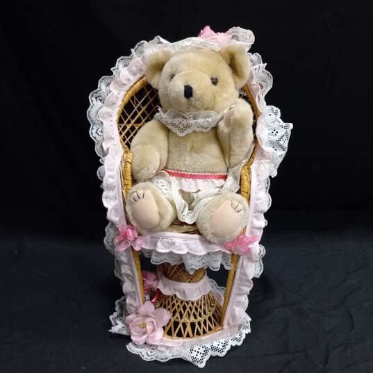 Vintage Victorian Pink Teddy Bear Plush in Wicker Chair image number 1