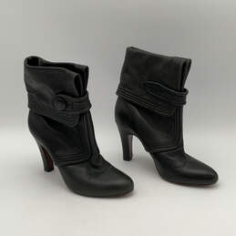 Womens Ava Button Black Leather Cuff Fold Stiletto Heel Ankle Bootie Sz 8.5 alternative image