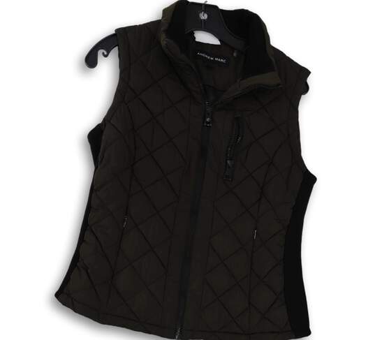 Womens Black Sleeveless Zipped Pockets Collared Quilted Vest Size Small image number 1