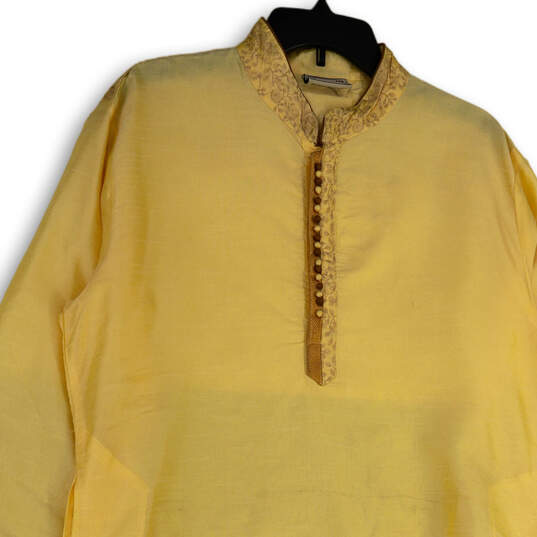 Mens Gold Long Sleeve Cotton Stand Collar Stitched Tunic Kurta Top Size 42 image number 3