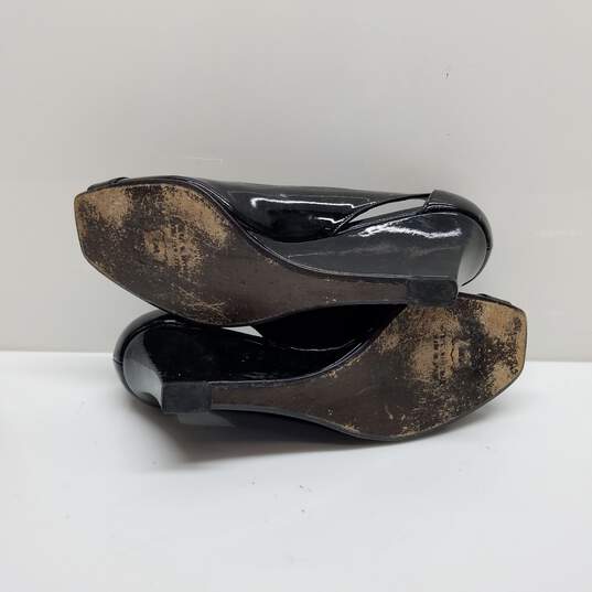 Buy the Stuart Weitzman Black Patent Leather Peetoe Sandals Wedges Size ...