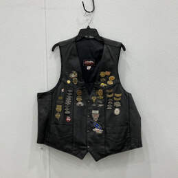Mens Black Leather Graphic Print V-Neck Sleeveless Motorcycle Vest Size 52