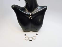 Artisan 925 Modernist Black Enamel Inlay Circle Pendant Necklace Square Post Earrings & Bar & Stacking Band Rings 19.4g