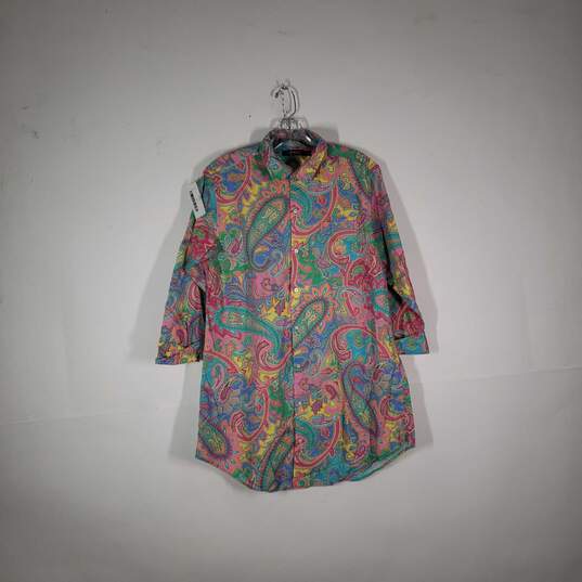 Womens Paisley Collared 3/4 Sleeve Chest Pocket Button-Up Shirt Size Medium image number 1
