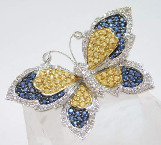 Elegant 14k White Gold Blue Spinel Citrine & Diamond Accent Butterfly Brooch Pin 11.4g image number 2