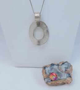 Artisan 925 Modernist Folded Open Oval Chunky Pendant Box Chain Necklace & Rainbow Dichroic Art Glass Ring 23.3g