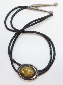 Vintage Southwestern 925 Agate Braided Leather Cord Bolo Tie