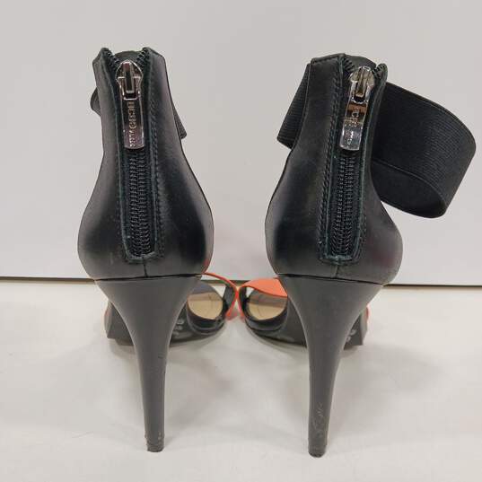 Womens Orange Black Patent Leather Zip Open Toe Stiletto Strappy Heels Size 7.5 image number 4