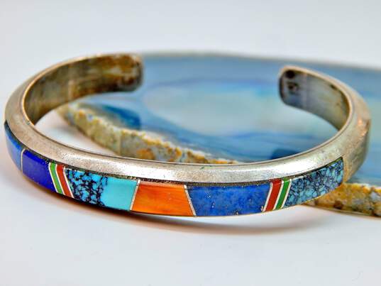 Signed Muskett 925 Southwestern Turquoise Lapis Spiny Oyster Inlay Cuff Bracelet image number 1