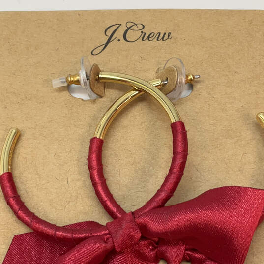 Designer J. Crew Gold-Tone Red Ribbon Wrapped Fashionable Hoop Earrings image number 4