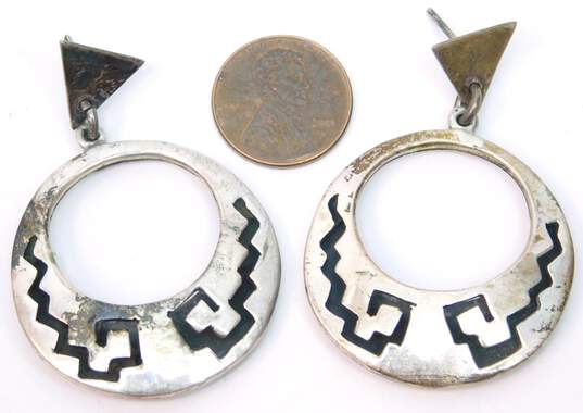 Taxco Mexico 925 Modernist Stepped Cut Outs Tapered Circle Drop Post Earrings image number 8