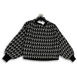 Womens Black White Houndstooth Batwing Round Neck Pullover Sweater Size S