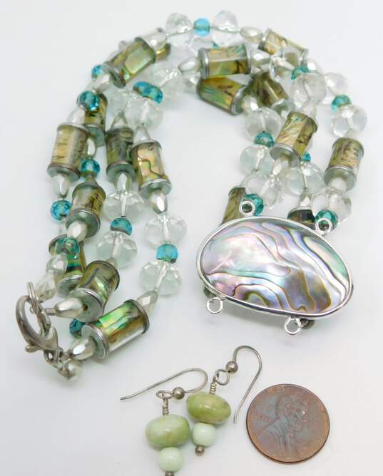 Artisan Sterling Silver Abalone Pendant Glass Beaded Multi Strand Necklace & Serpentine Drop Earrings 71.4g image number 6