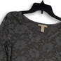 Womens Gray Floral Lace Round Neck Long Sleeve Pullover Blouse Top Size M image number 3
