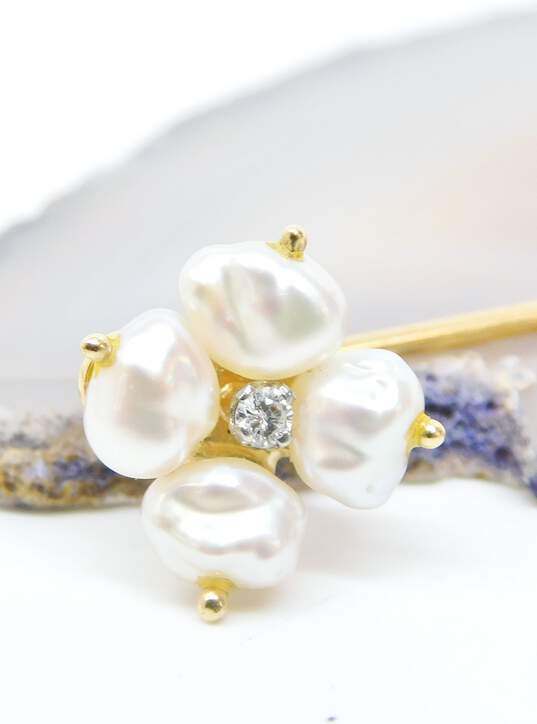 14K Yellow Gold Pearl Diamond Accent Flower Stick Pin 1.6g image number 3