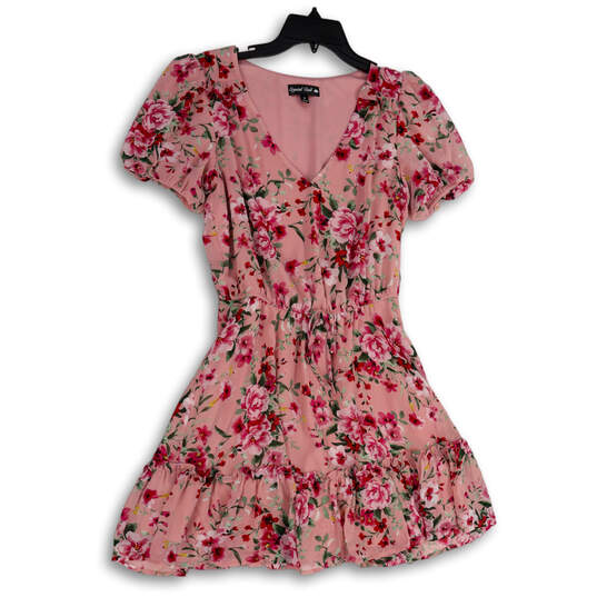 NWT Womens Pink Floral Puff Sleeve V-Neck Ruffle Hem Fit & Flare Dress Sz S image number 1