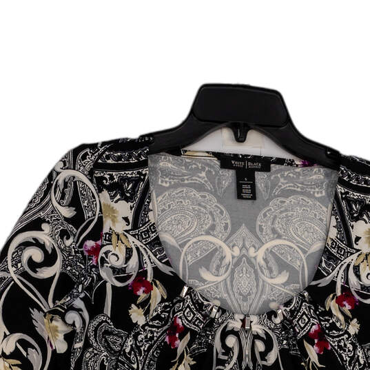 Womens Black White Floral Pleated Scoop Neck Pullover Blouse Top Size S image number 1