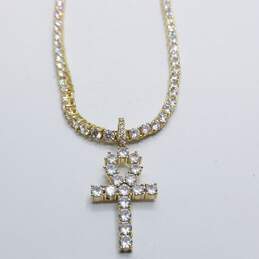 Iced Out Gold Tone 24 inch Crystal SS Chain W/Crystal Set Ankh Pendant Necklace
