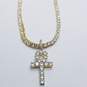 Iced Out Gold Tone 24 inch Crystal SS Chain W/Crystal Set Ankh Pendant Necklace image number 1