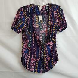 Anthropologie Meadow Rue Eldoret Purple Floral Wrap Top Short Sleeve Size 2