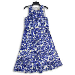 Womens Blue White Floral Sleeveless Tie Waist Fit & Flare Dress Size 12