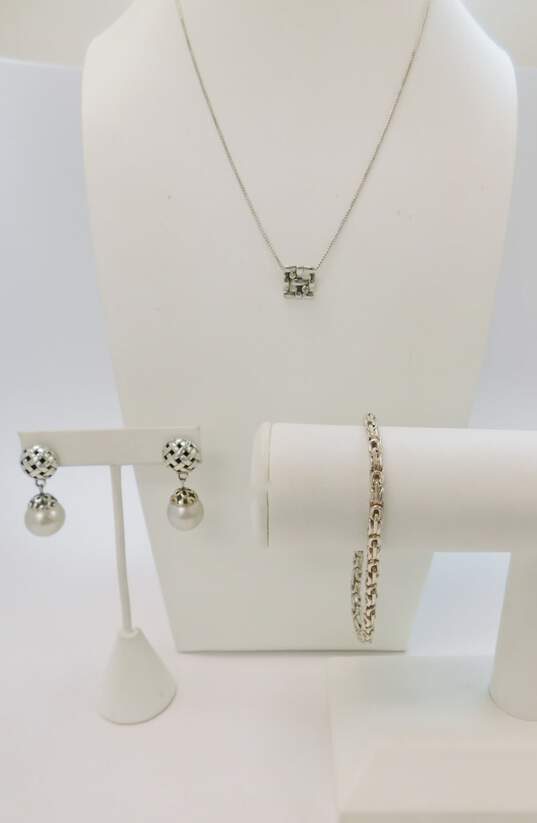 Contemporary 925 Diamond Accents Woven Pendant Necklace Lattice Dome Grey Faux Pearl Drop Post Earrings & Fancy Chain Bracelet 34.5g image number 1