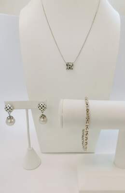 Contemporary 925 Diamond Accents Woven Pendant Necklace Lattice Dome Grey Faux Pearl Drop Post Earrings & Fancy Chain Bracelet 34.5g