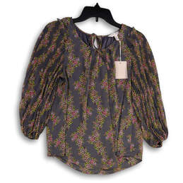 NWT Womens Gray Purple Floral Long Puff Sleeve Pullover Blouse Top Size S