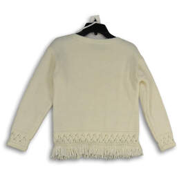 Womens White Long Sleeve Frange Hem Ribbed Pullover Sweater Size S alternative image