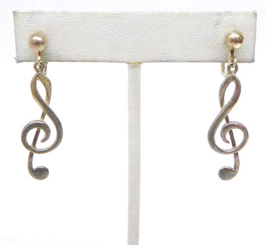 925 Treble Clef Music Note Clip-On Earrings With Taxco French Horn Brooch 21.9g image number 2