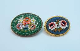 (2) Micro Mosaic Gold Tone & Brass Floral Brooches 17.0g