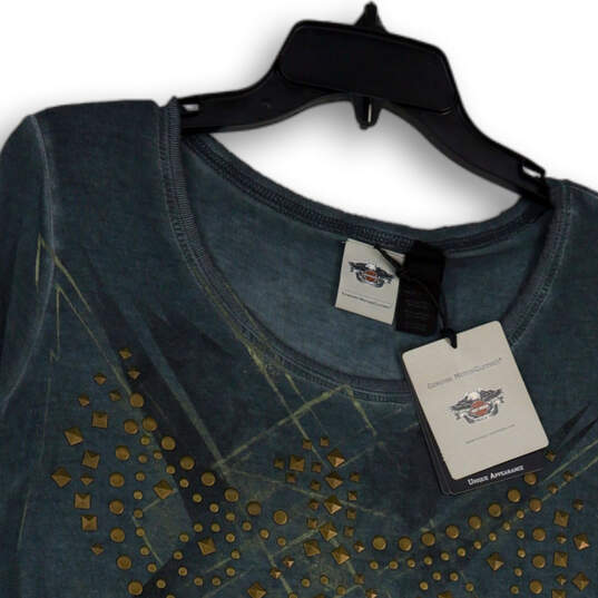 NWT Womens Blue Cap Sleeve Round Neck Eagle Studded Pullover T-Shirt Size S image number 3