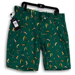 NWT Mens Green Fish Print Flat Front Slash Pocket Golf Chino Shorts Size 36