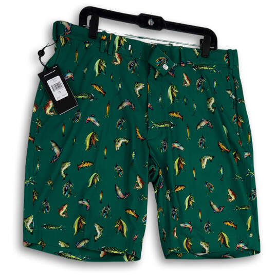 NWT Mens Green Fish Print Flat Front Slash Pocket Golf Chino Shorts Size 36 image number 1