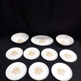 Bundle of 7 Homer Laughlin Golden Wheat White & Gold Tone Trim Ceramic Plates w/2 Matching Bowls and Serving Platter