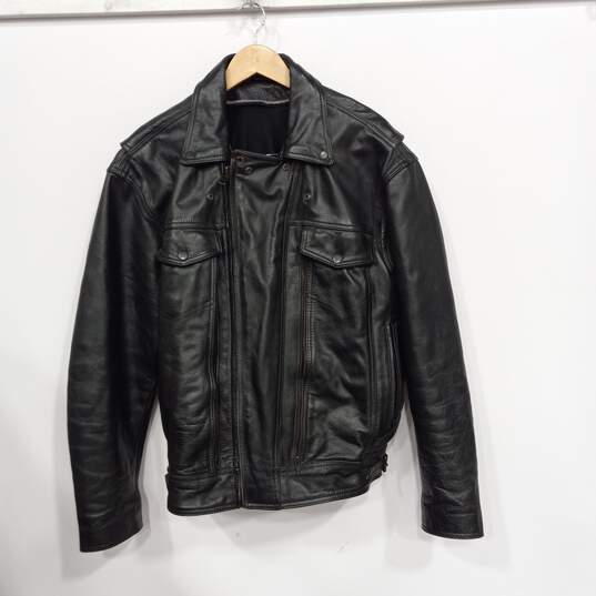 Men's Black Leather Motorcycle Jacket Size L image number 1