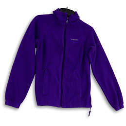 Womens Purple Fleece Long Sleeve Pockets Drawstring Full-Zip Jacket Size S